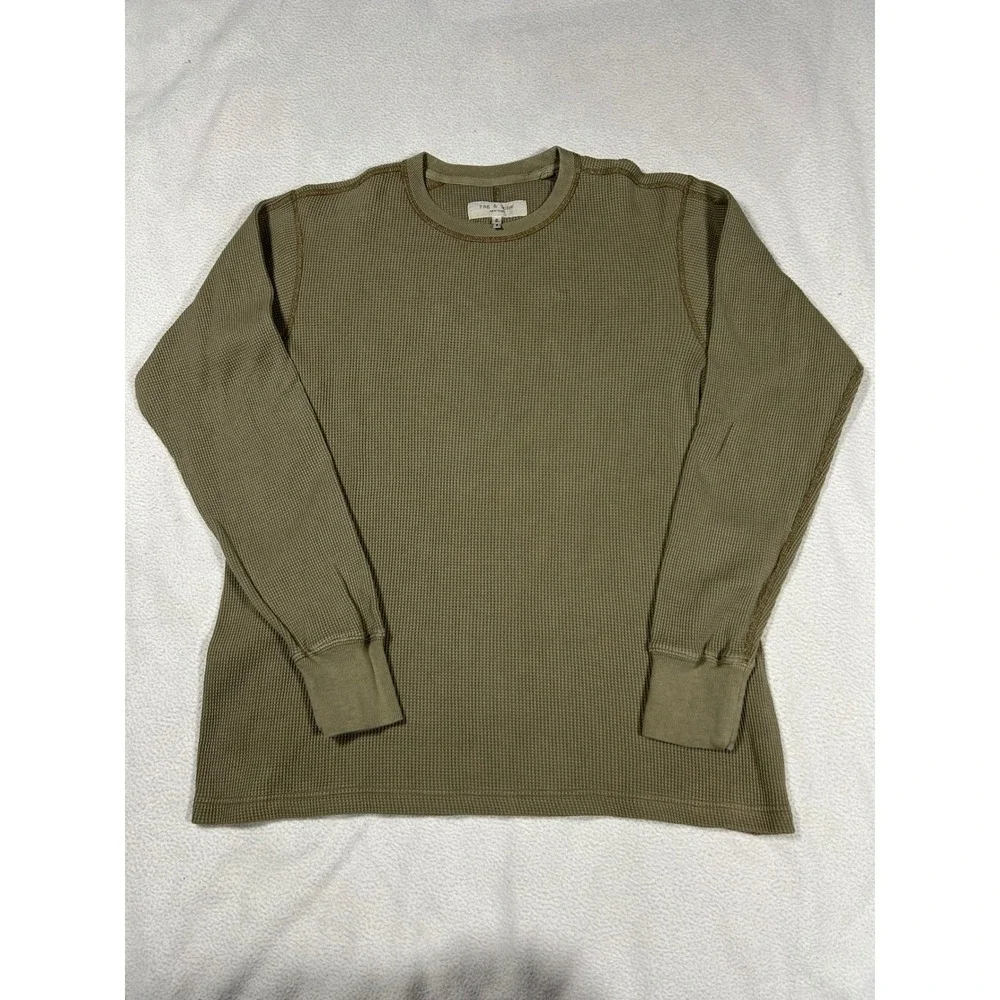 Rag & Bone Thermal Shirt Mens Medium Olive Green Waffle Knit Long Sleeve - Picture 1 of 4